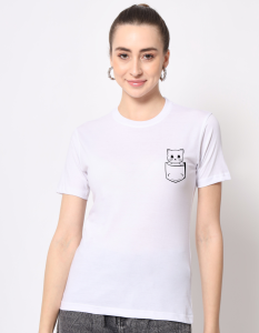 Pocket Cat half sleeve women round neck t-shirt